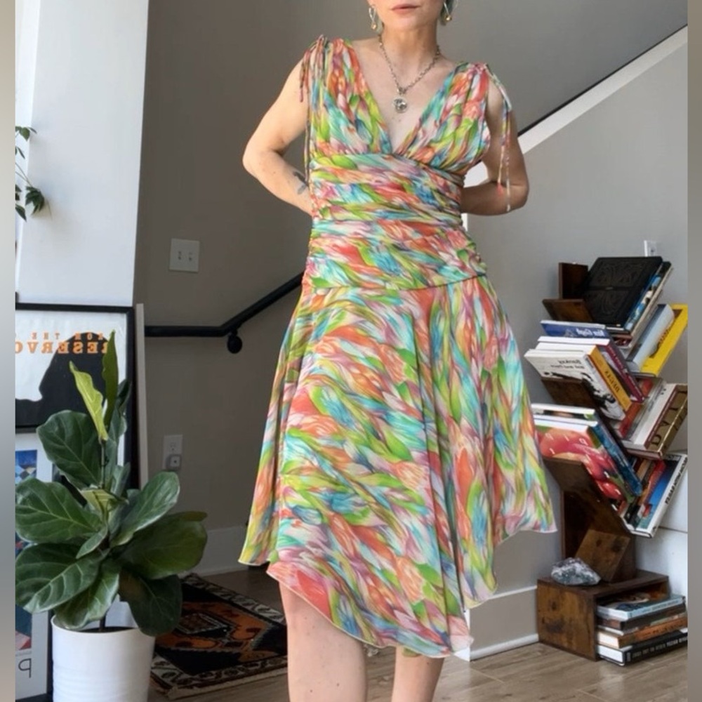 VTG ABS Allen Shwartz Fit & Flare Dress Size 2 Colorful Floral Ruched Fairy 80s - Picture 9 of 11
